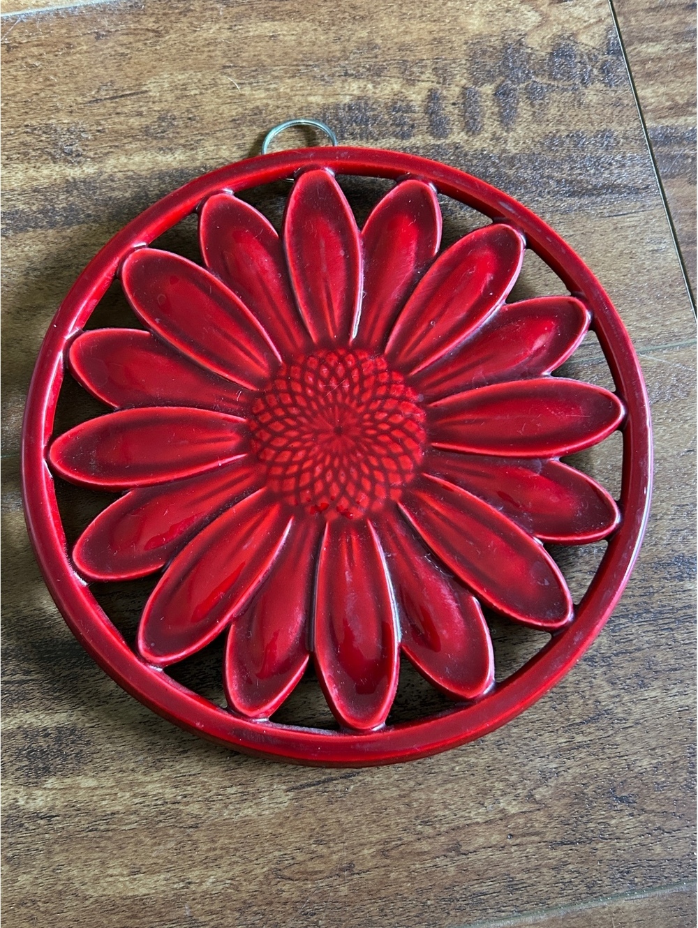 Vintage Red Daisy Flower Cast Iron Trivet
